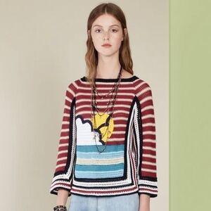 RED Valentino Maglia 3/4 Sleeve Striped Beach Top Red White Cotton Size M